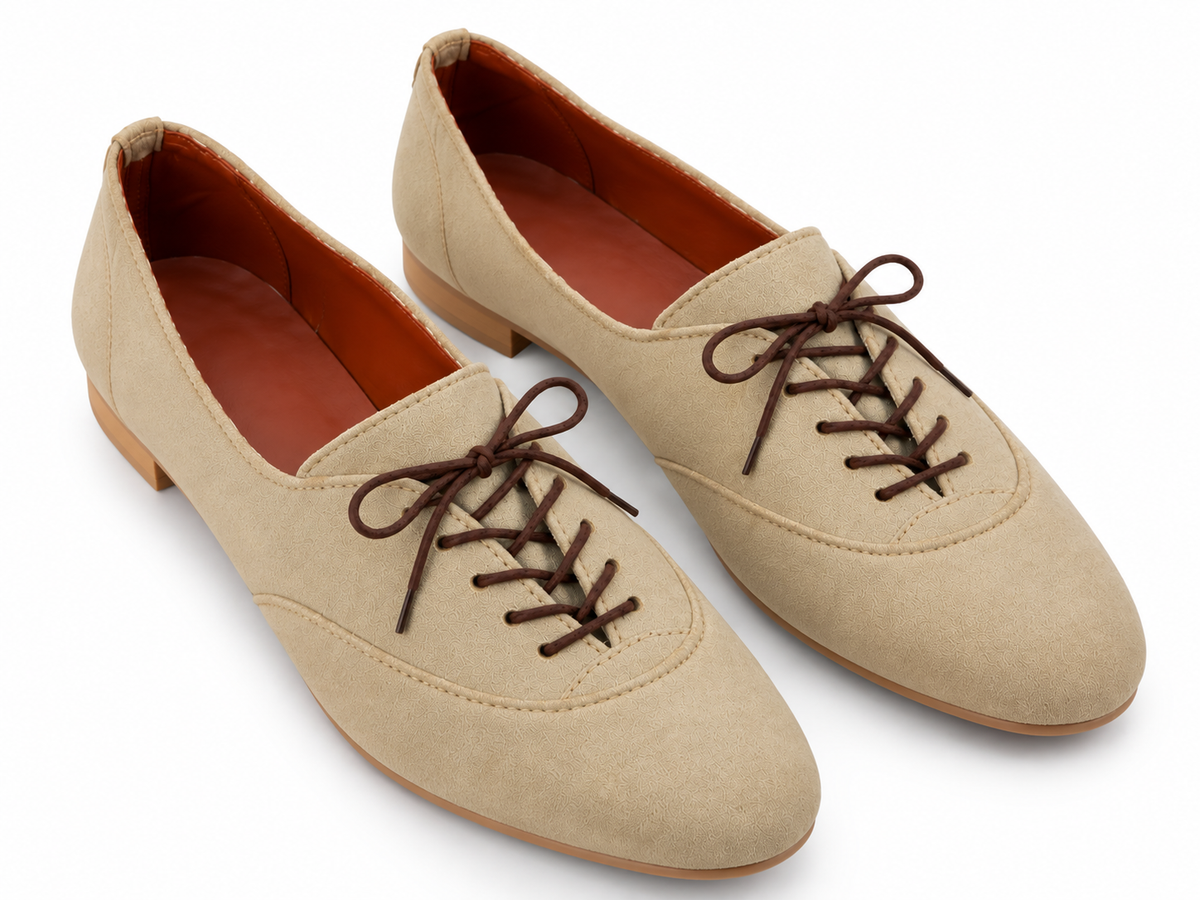 Women's Beige Lace-Up Oxford Flats | Low Block Heel