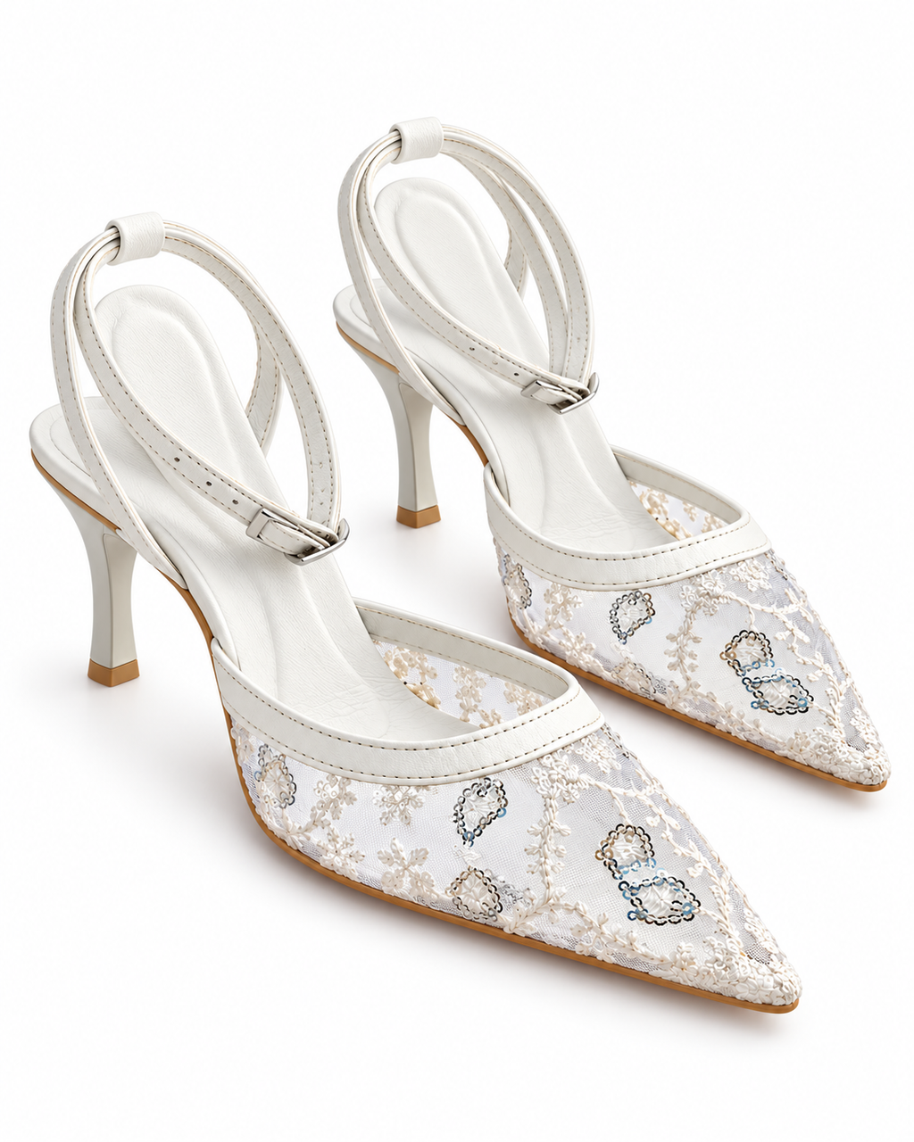 Ivory Wedding Shoes | Embroidered Mesh Ankle Strap Heels