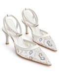 Ivory Wedding Shoes | Embroidered Mesh Ankle Strap Heels