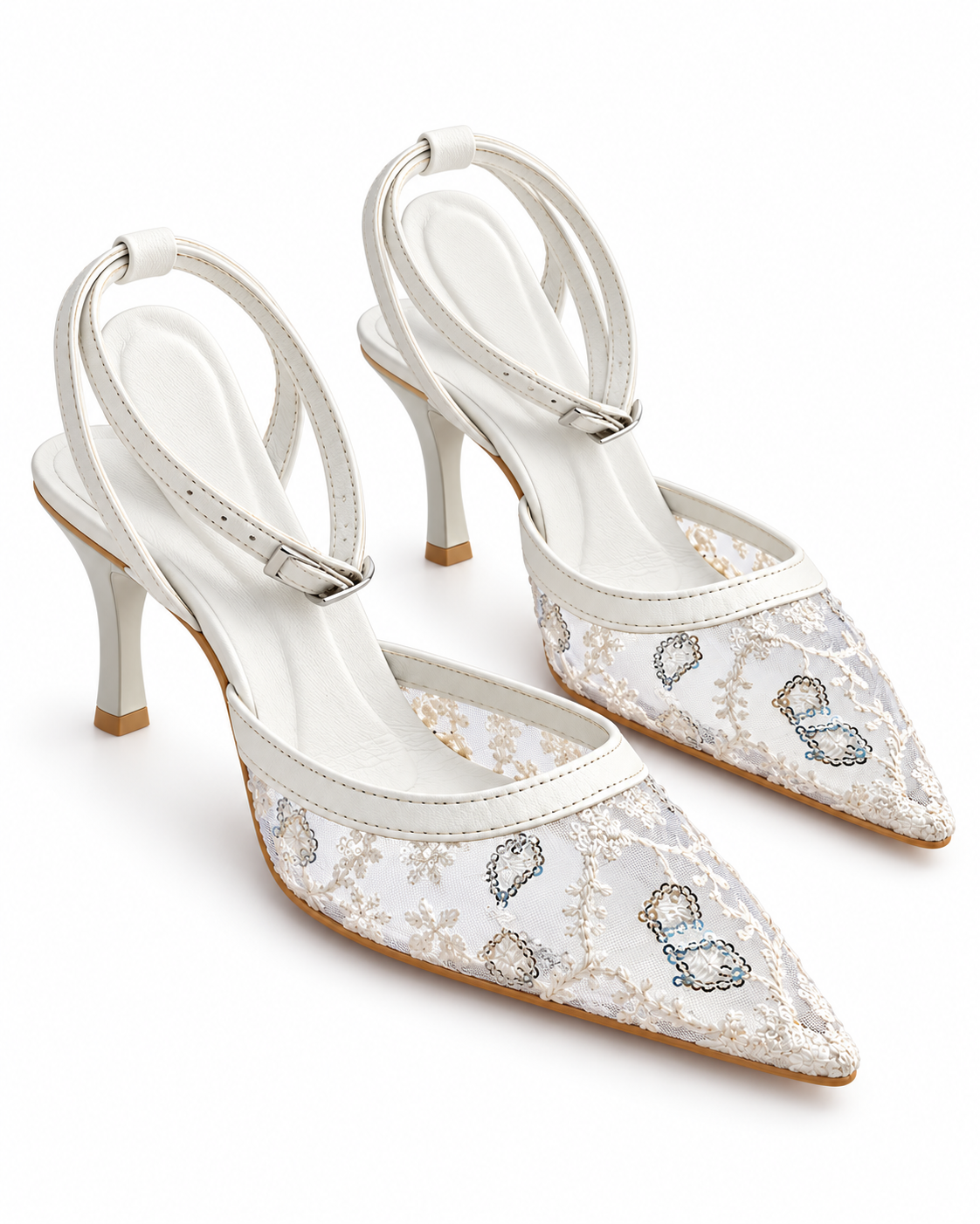 Ivory Wedding Shoes | Embroidered Mesh Ankle Strap Heels