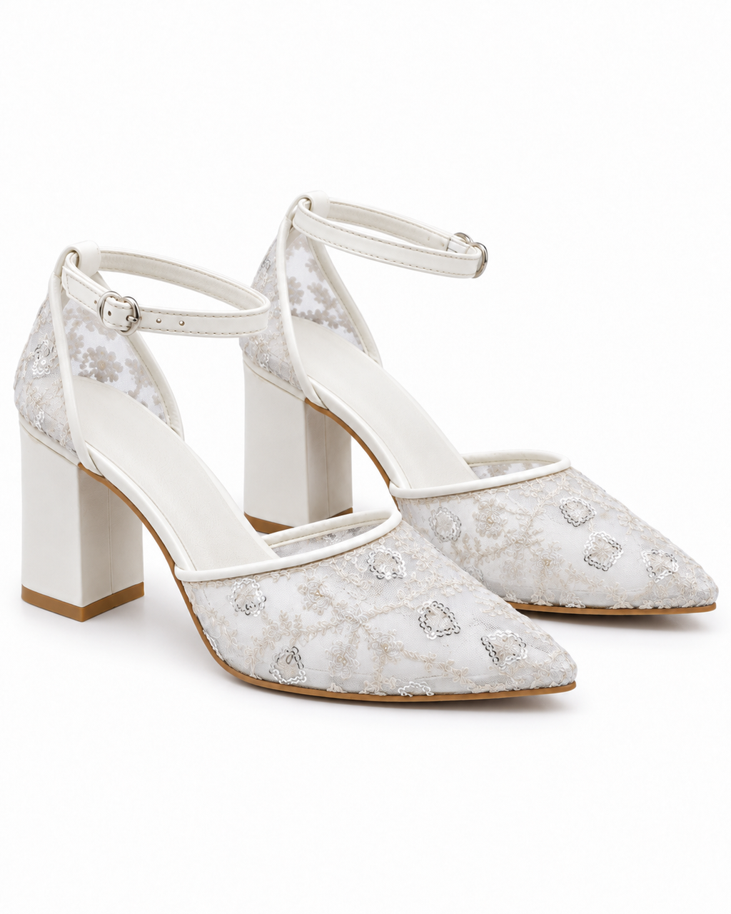 Ivory Block Heel Wedding Shoes | Embroidered Mesh Ankle Strap Pumps