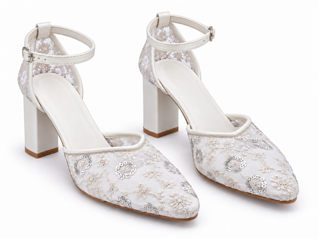 Ivory Block Heel Wedding Shoes | Embroidered Mesh Ankle Strap Pumps