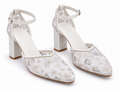Ivory Block Heel Wedding Shoes | Embroidered Mesh Ankle Strap Pumps