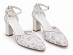 Ivory Block Heel Wedding Shoes | Embroidered Mesh Ankle Strap Pumps