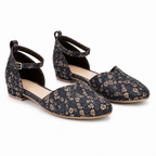 Women's Navy Blue Floral Ankle Strap Flats | Closed Toe & Low Block Heel