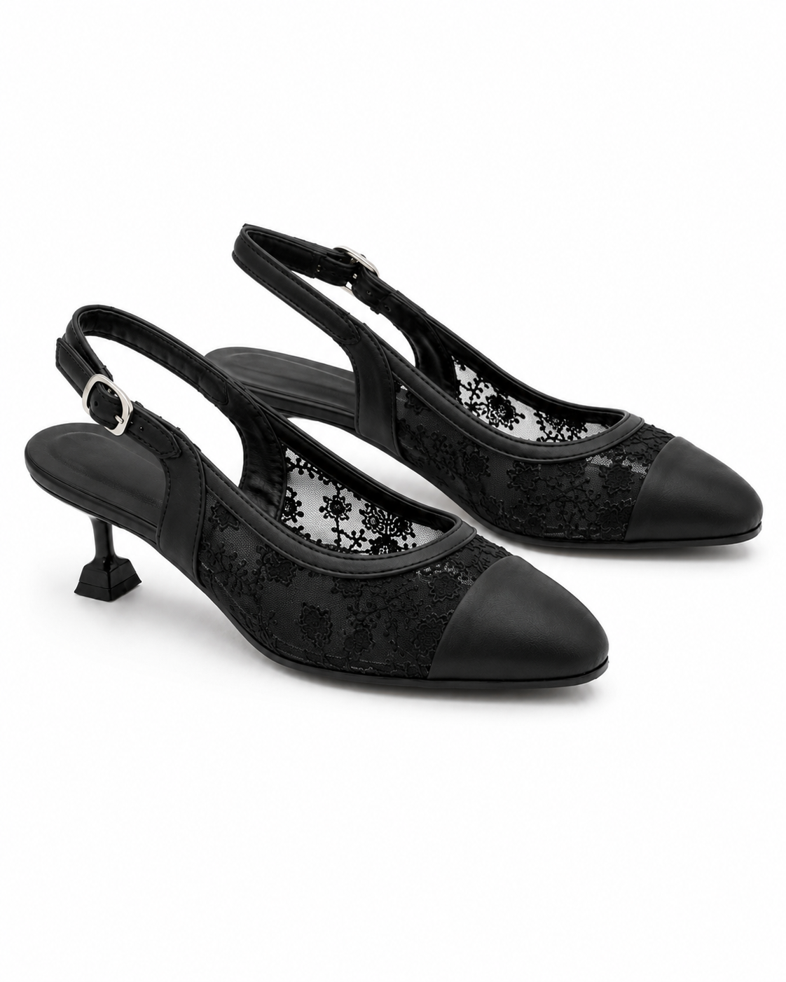 Black Lace Slingback Heels – Low Heel & Cap Toe