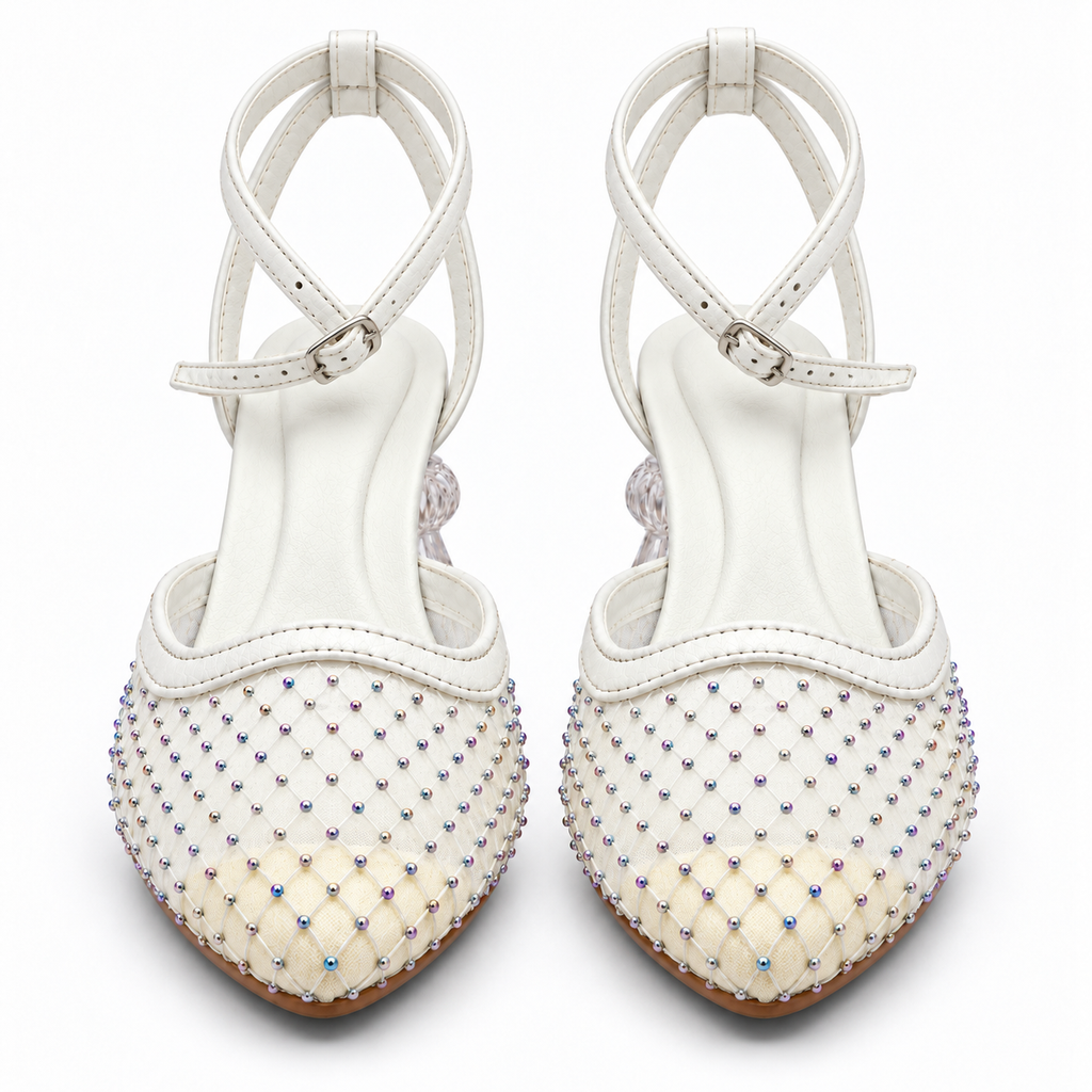 Ivory Rhinestone Mesh Ankle Strap Pumps | Clear Sculpted Heel