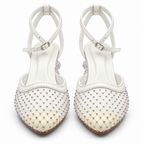 Ivory Rhinestone Mesh Ankle Strap Pumps | Clear Sculpted Heel