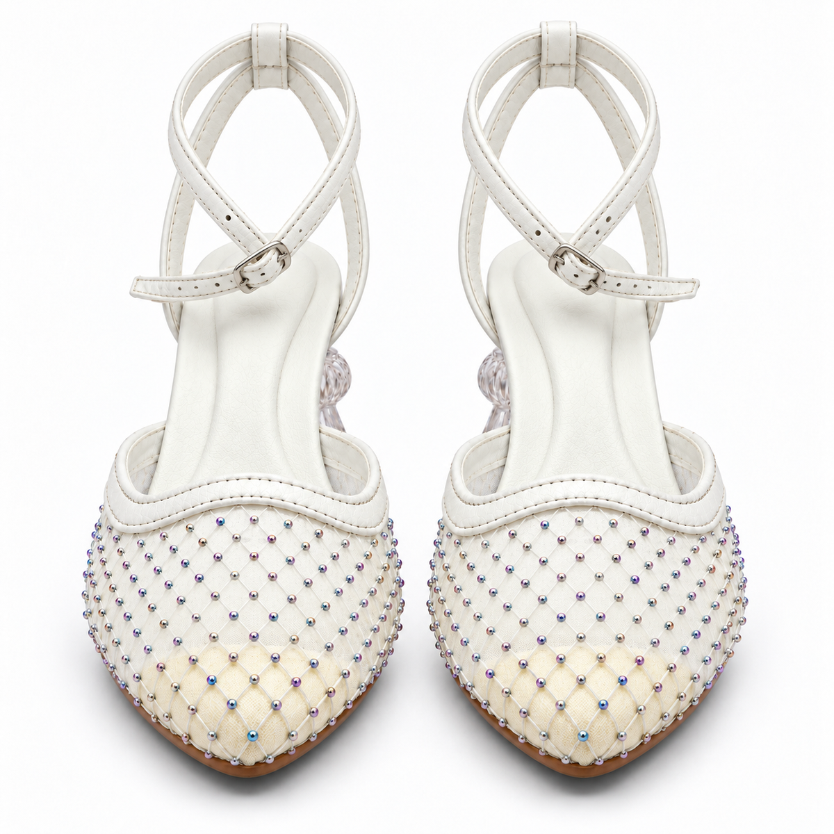 Ivory Rhinestone Mesh Ankle Strap Pumps | Clear Sculpted Heel