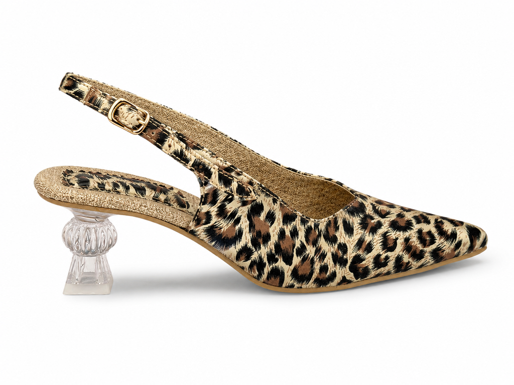 Leopard Print Pointed Toe Slingback Heels – Clear Sculpted Heel