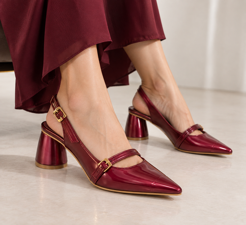 Burgundy Mary Jane Slingback Block Heels – Pointed Toe