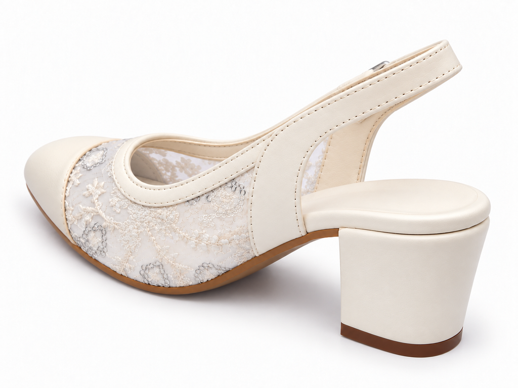 Ivory Mesh Block Heel Wedding Shoes | Closed Toe Slingbacks