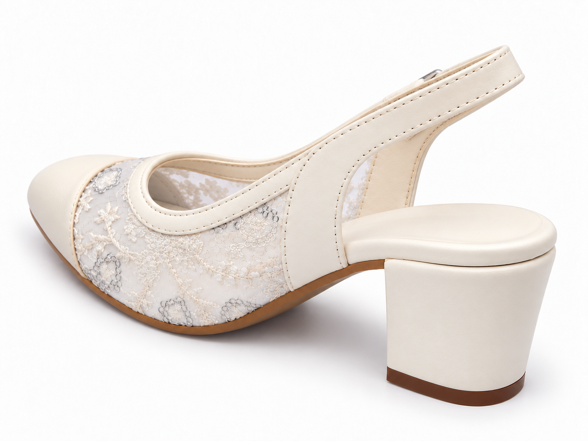 Ivory Mesh Block Heel Wedding Shoes | Closed Toe Slingbacks