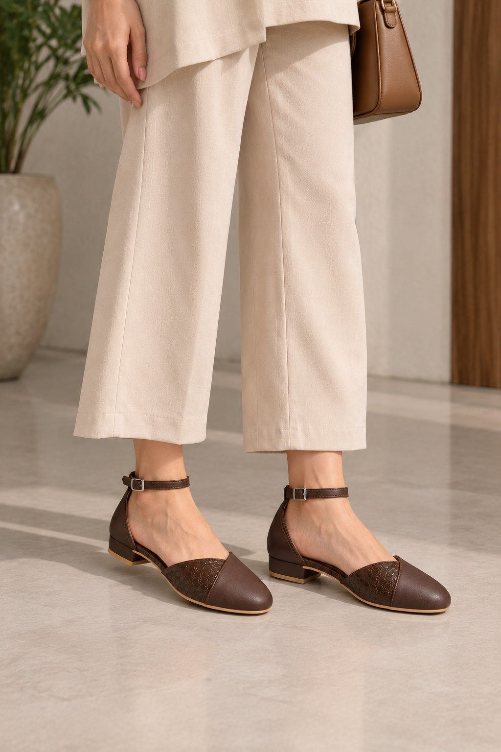 Chocolate Brown Ankle Strap Flats | Closed Toe & Low Block Heel