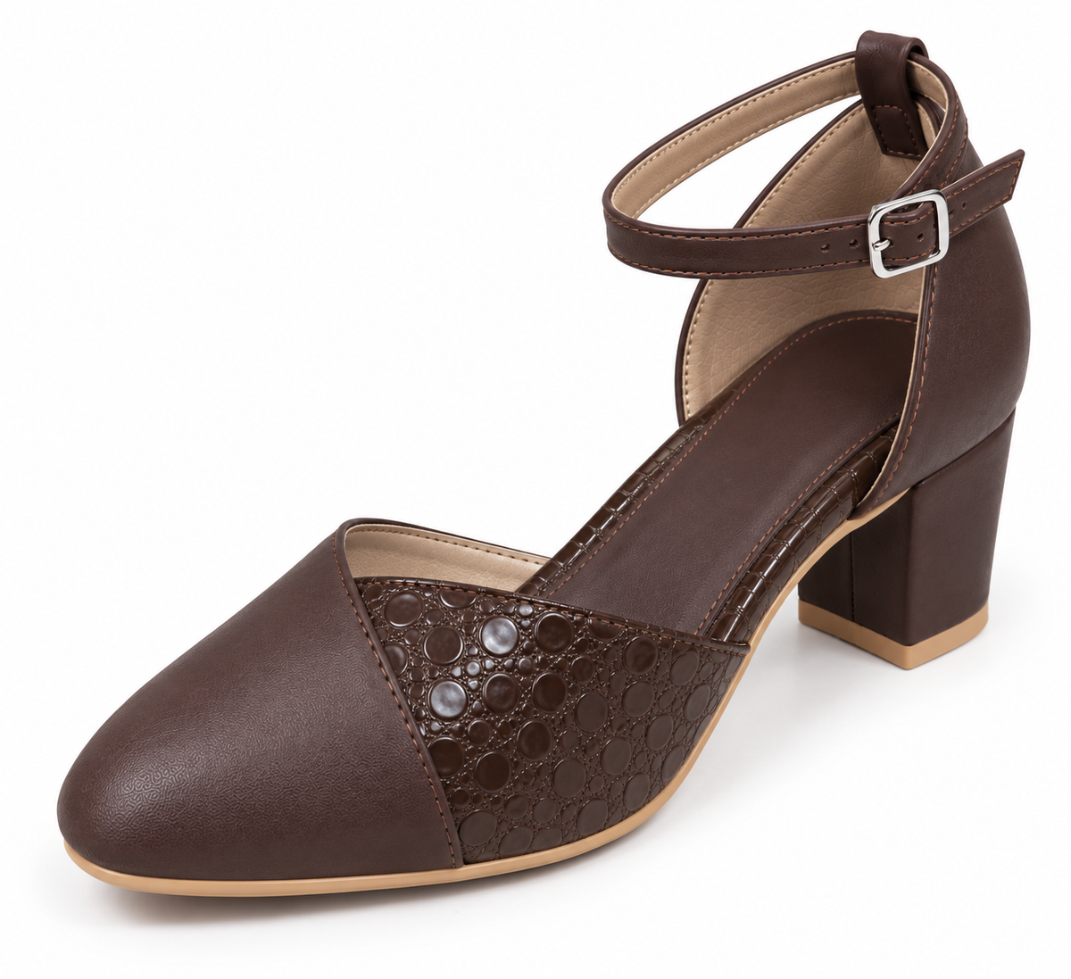Chocolate Brown Ankle Strap Pumps | Closed Toe & Block Heel