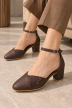 Chocolate Brown Ankle Strap Pumps | Closed Toe & Block Heel