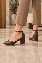 Chocolate Brown Ankle Strap Pumps | Closed Toe & Block Heel
