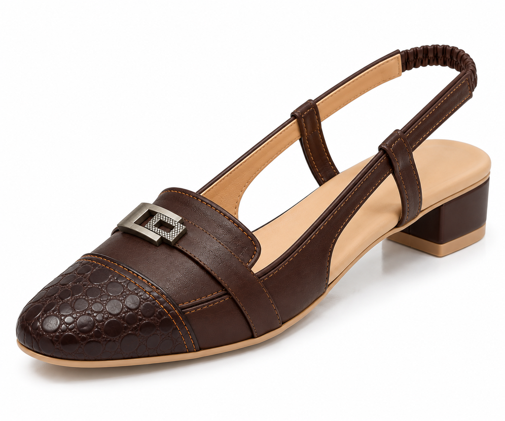 Chocolate Brown Slingback Loafers with Croc-Embossed Toe