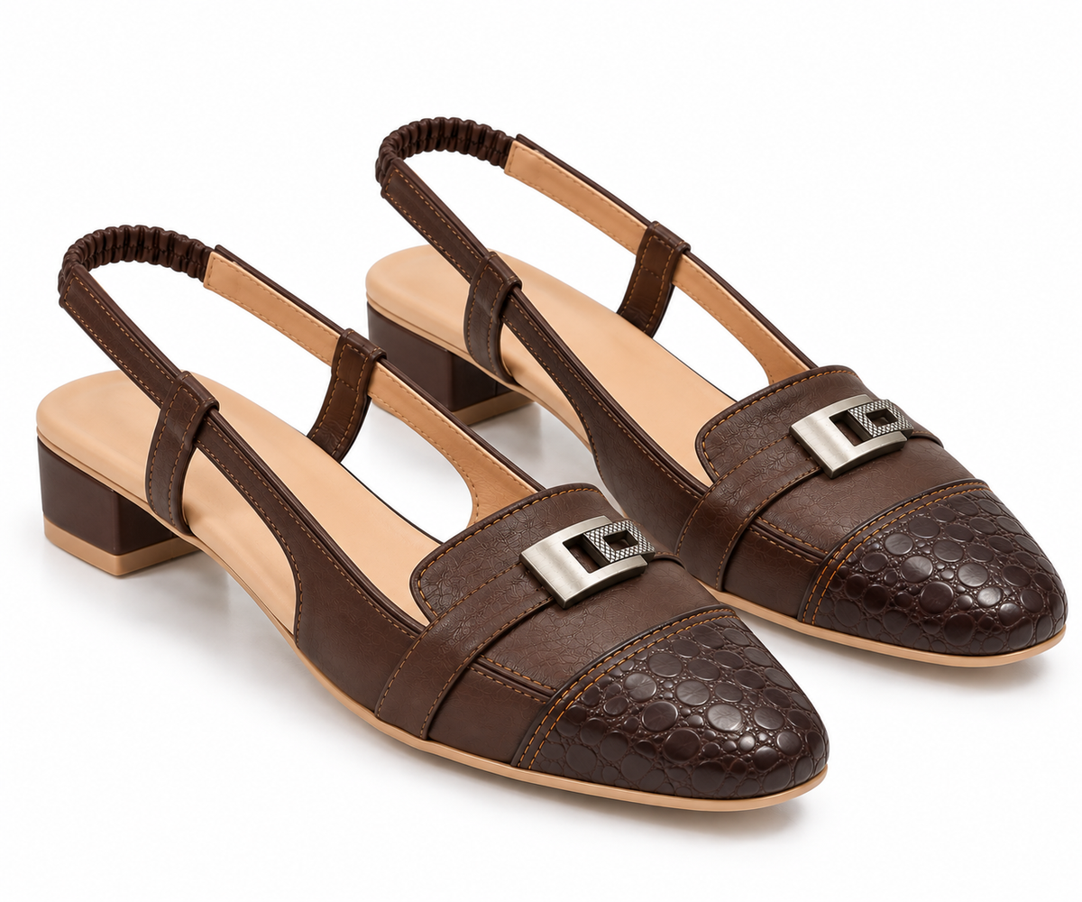 Chocolate Brown Slingback Loafers with Croc-Embossed Toe