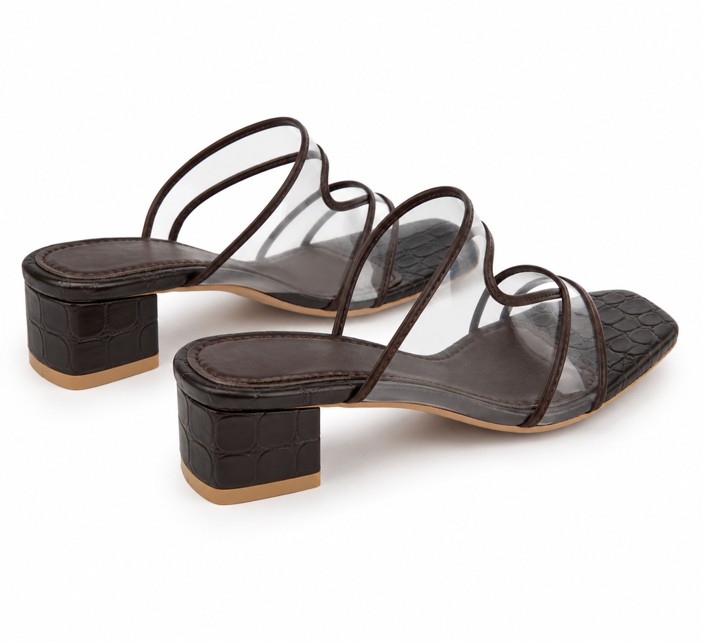 Chocolate Brown Clear Strap Block Heel Sandals | Square Toe Mules