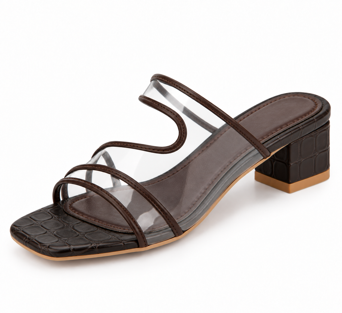 Chocolate Brown Clear Strap Block Heel Sandals | Square Toe Mules