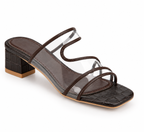 Chocolate Brown Clear Strap Block Heel Sandals | Square Toe Mules