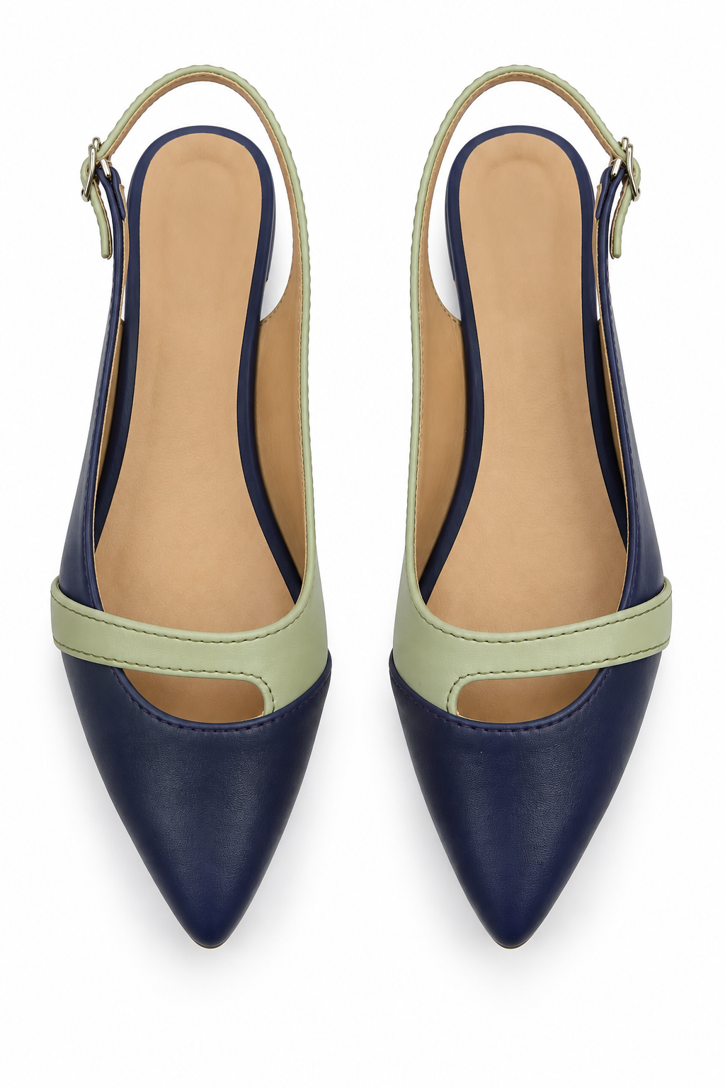 Navy Blue & Sage Green Pointed Toe Slingback Flats | Low Heel