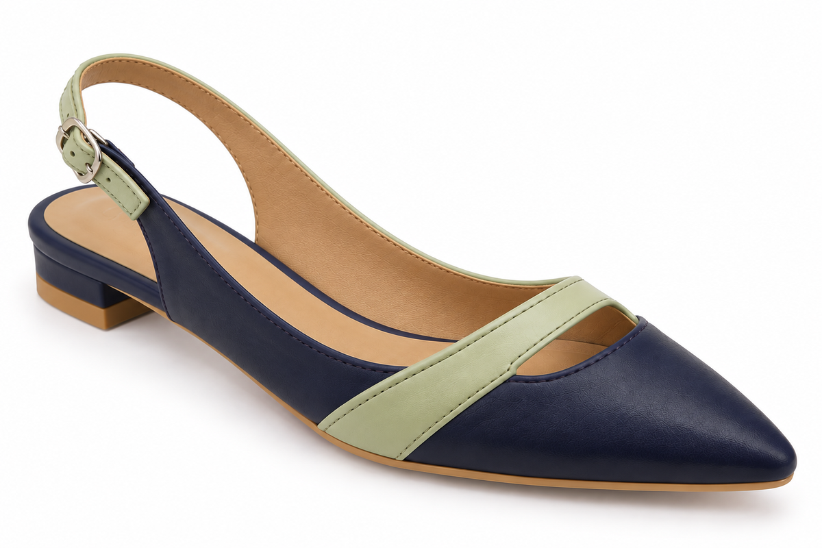 Navy Blue & Sage Green Pointed Toe Slingback Flats | Low Heel