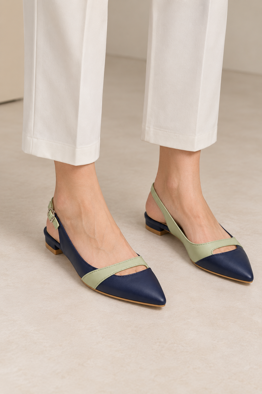 Navy Blue & Sage Green Pointed Toe Slingback Flats | Low Heel