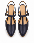 Navy Blue Slingback Block Heels – Pointed Toe & T-Strap