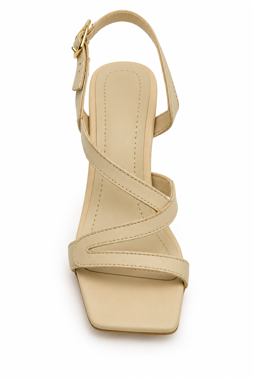 Beige Strappy Heeled Sandals with Square Toe & Slingback Strap