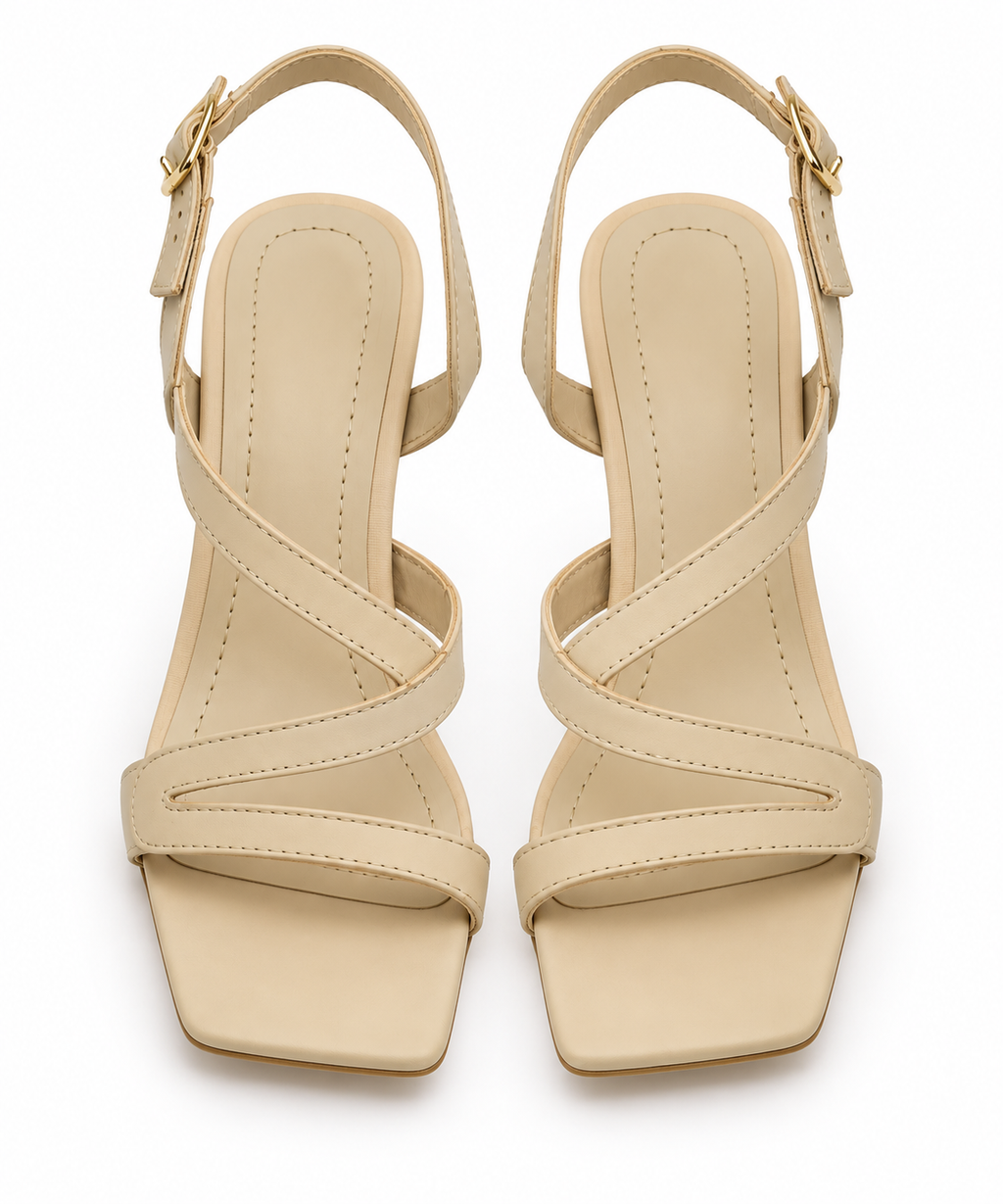 Beige Strappy Heeled Sandals with Square Toe & Slingback Strap
