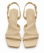 Beige Strappy Heeled Sandals with Square Toe & Slingback Strap
