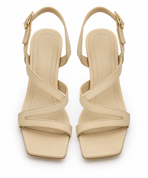 Beige Strappy Heeled Sandals with Square Toe & Slingback Strap