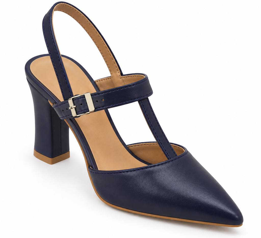 Navy Blue Slingback Block Heels – Pointed Toe & T-Strap