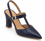 Navy Blue Slingback Block Heels – Pointed Toe & T-Strap