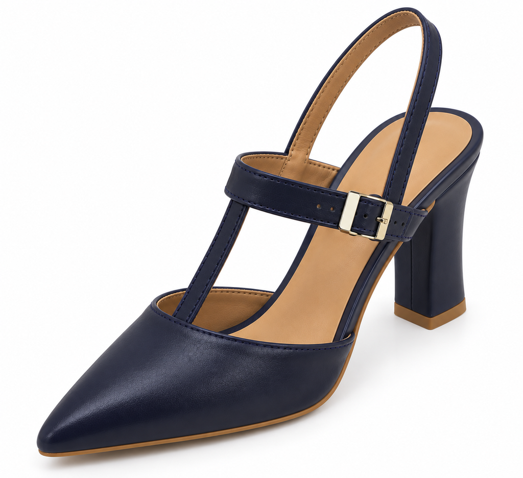 Navy Blue Slingback Block Heels – Pointed Toe & T-Strap