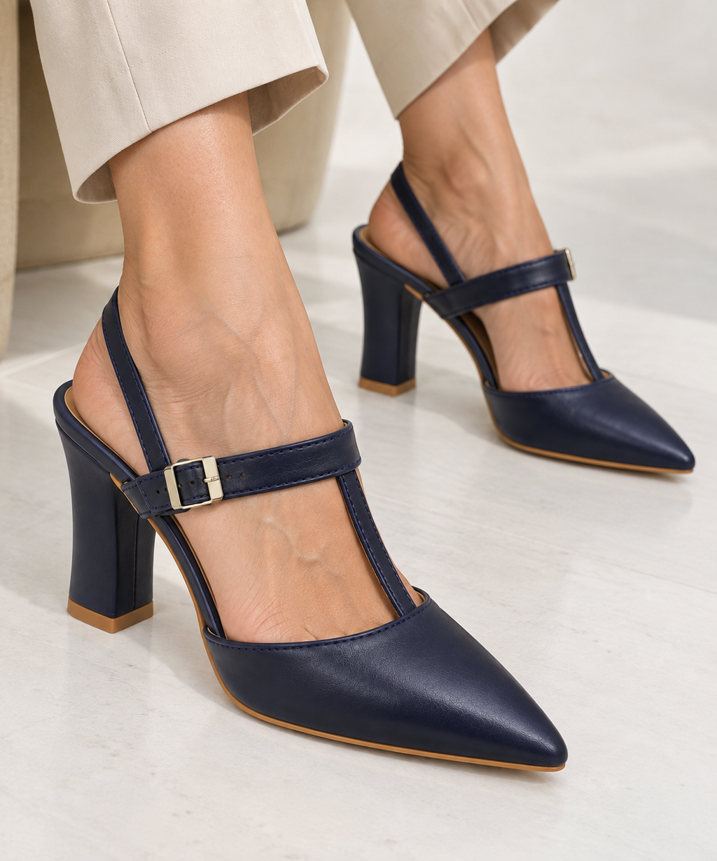 Navy Blue Slingback Block Heels – Pointed Toe & T-Strap