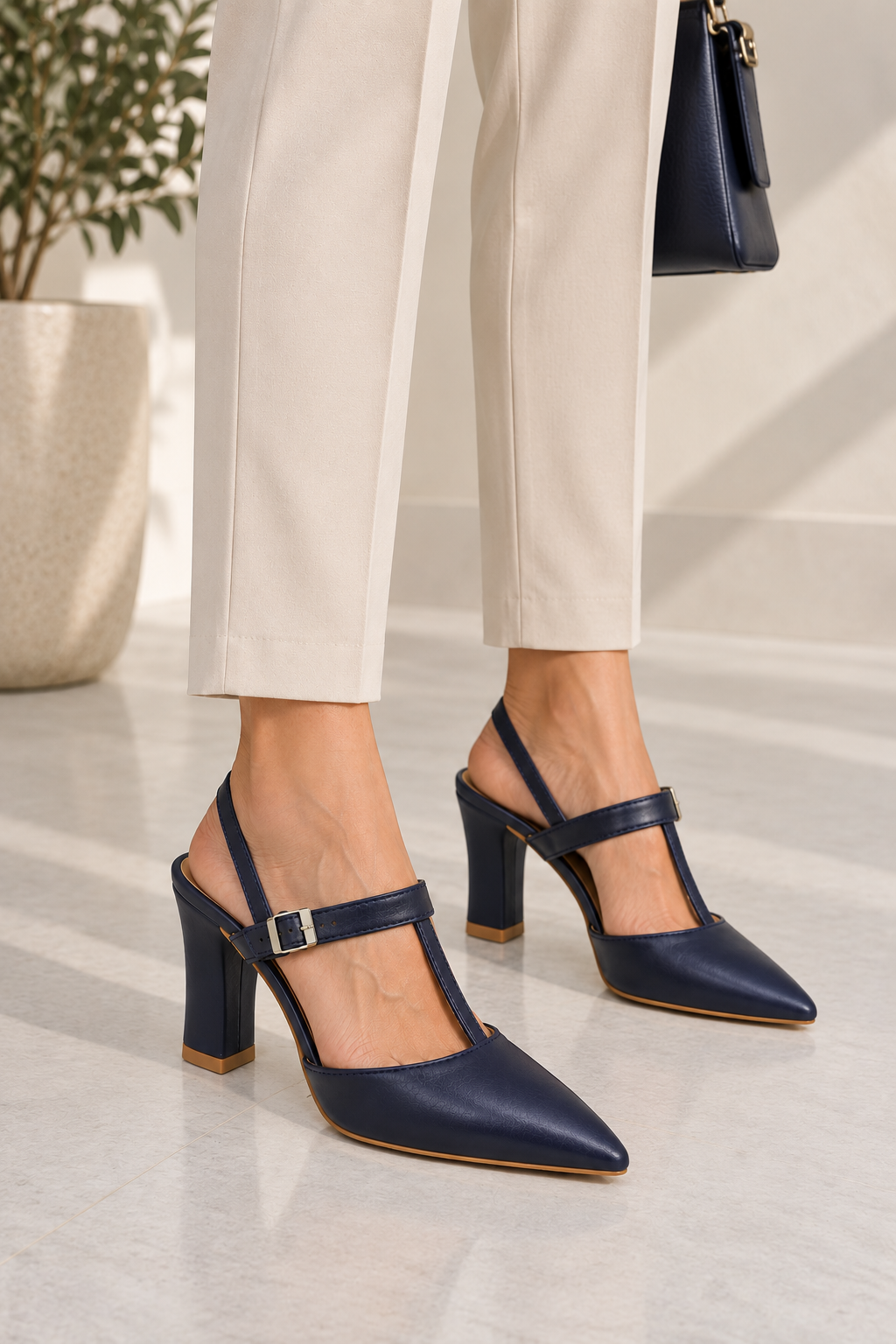 Navy Blue Slingback Block Heels – Pointed Toe & T-Strap