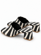 Women’s Black & White Striped Block Heel Mule Sandals | Square Toe Slides
