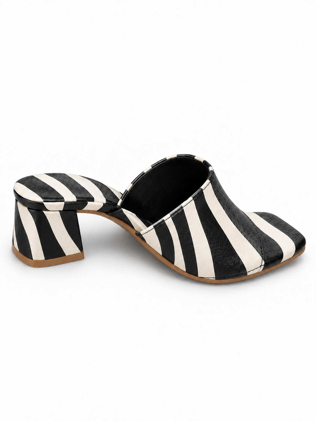 Women’s Black & White Striped Block Heel Mule Sandals | Square Toe Slides