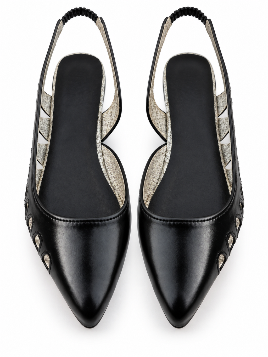 Black Pointed Toe Slingback Flats with Cutout Detail