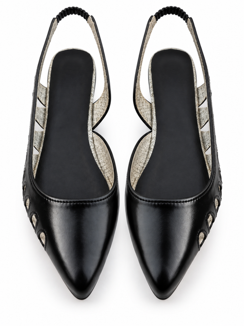 Black Pointed Toe Slingback Flats with Cutout Detail