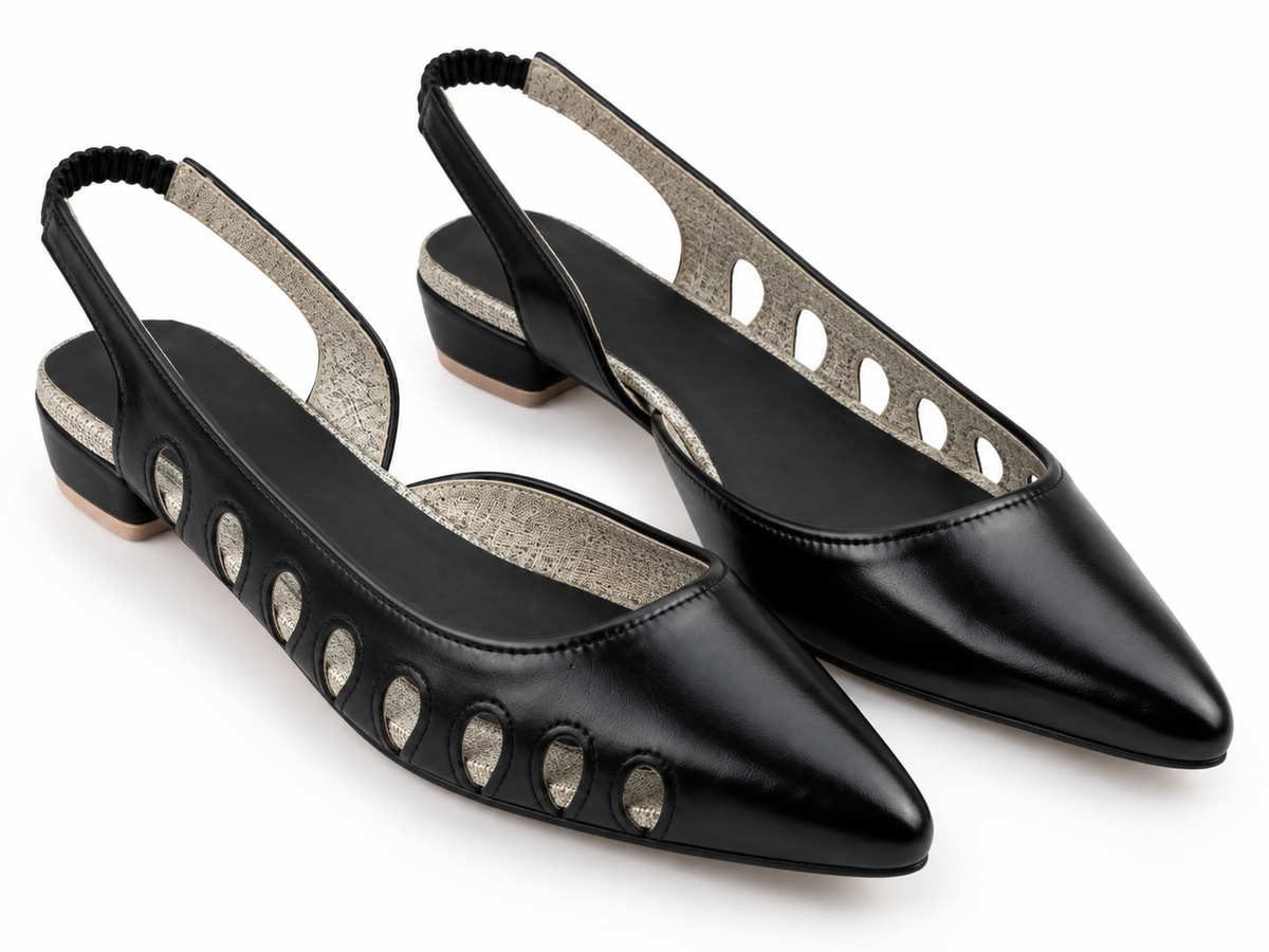Black Pointed Toe Slingback Flats with Cutout Detail