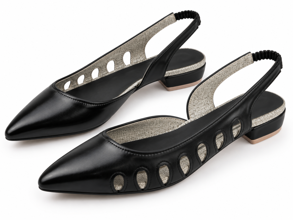 Black Pointed Toe Slingback Flats with Cutout Detail