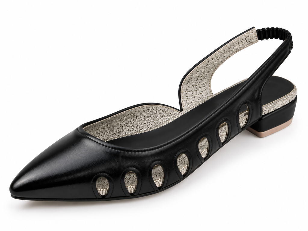 Black Pointed Toe Slingback Flats with Cutout Detail