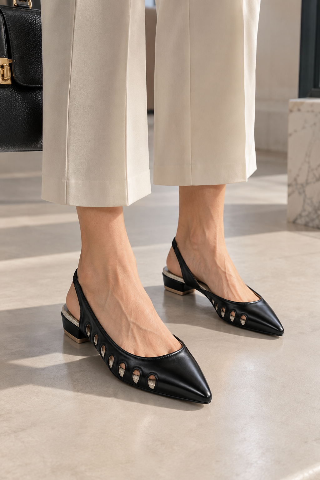 Black Pointed Toe Slingback Flats with Cutout Detail