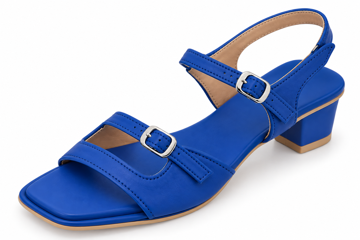 Royal Blue Block Heel Sandals – Square Toe & Double Buckle