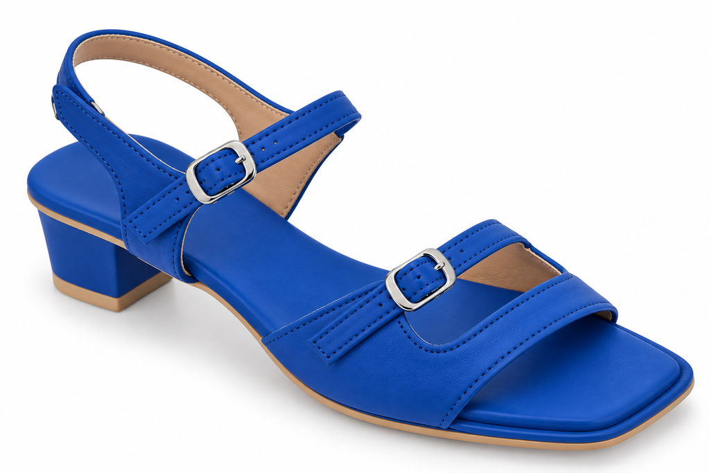 Royal Blue Block Heel Sandals – Square Toe & Double Buckle
