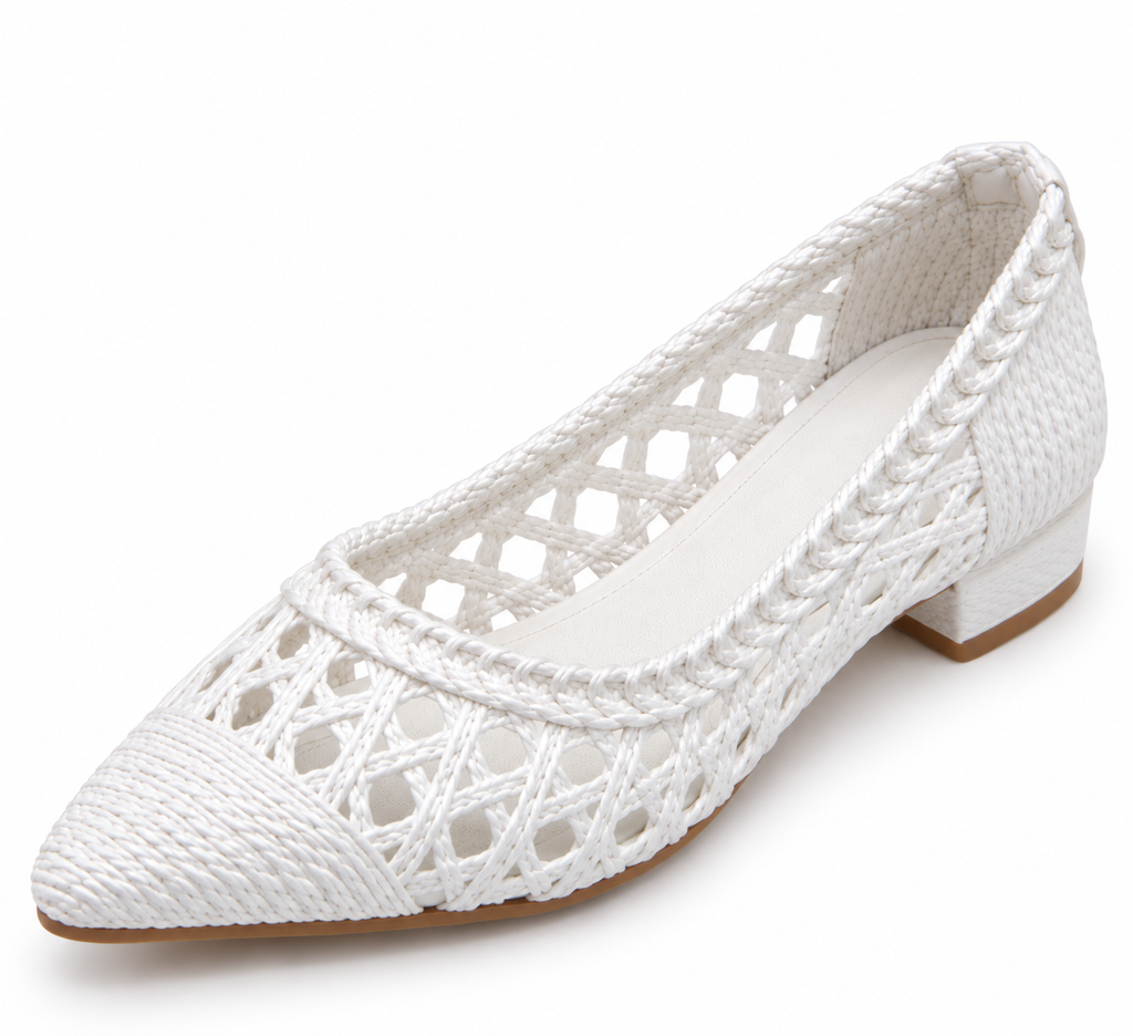 Women's Ivory Woven Ballet Flats | Pointed Toe & Low Block Heel